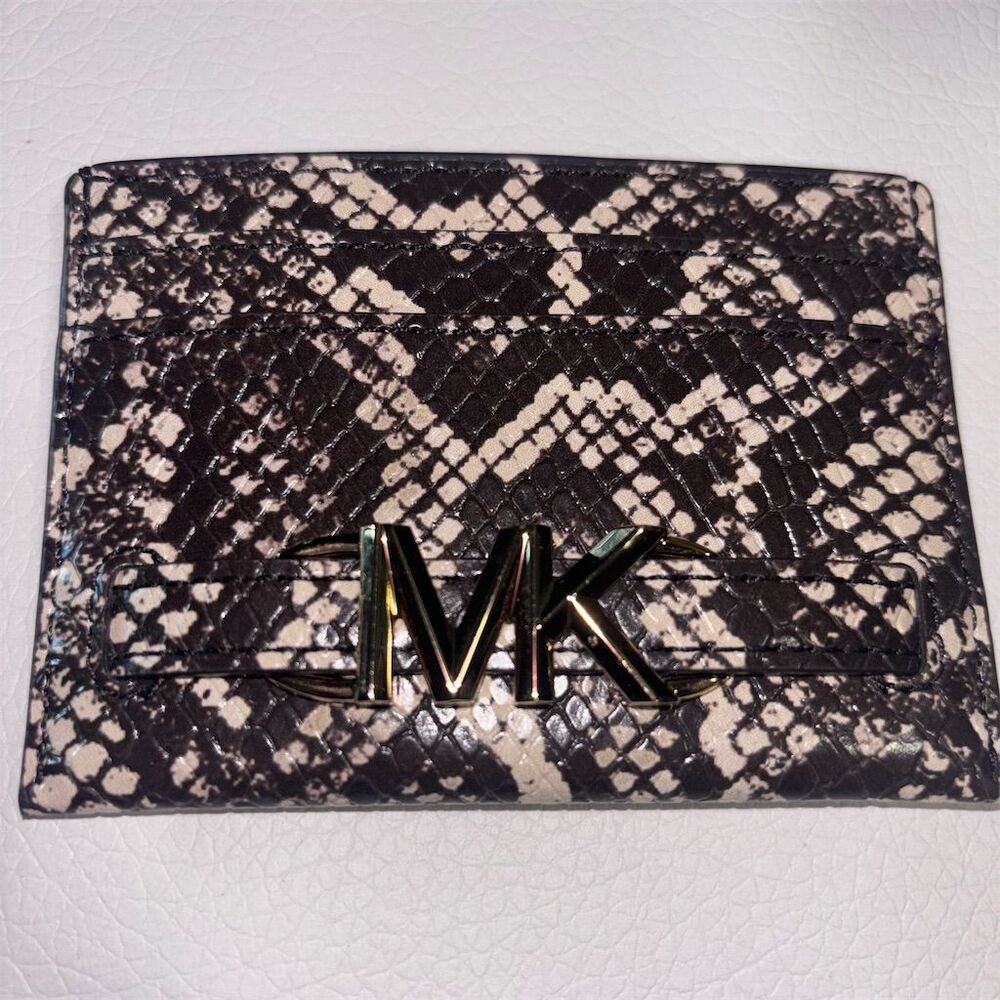 Michael Kors Reed Snake Print Logo Card Holder Wallet in Nat/Light Cream